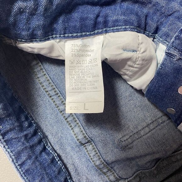 Womens Jeans Button Fly Distressed Cuffed Hem Cropped High Rise Denim Dark L - Picture 3 of 8